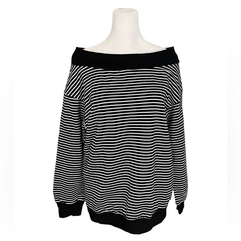 Annabelle Black White Striped Off Shoulder Banded Bottom Knit Top Size Small